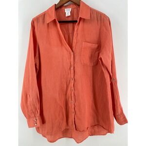 Sigrid Olsen Linen Button Front Top Womens Large Coral Pink Roll Tab Sleeve